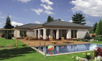 Spacious L-shaped family house with double garage and a covered terrace.